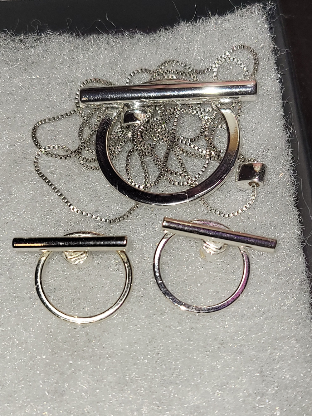 Silver Bar Toggle Necklace and Stud Earrings Set With Two Set Earring